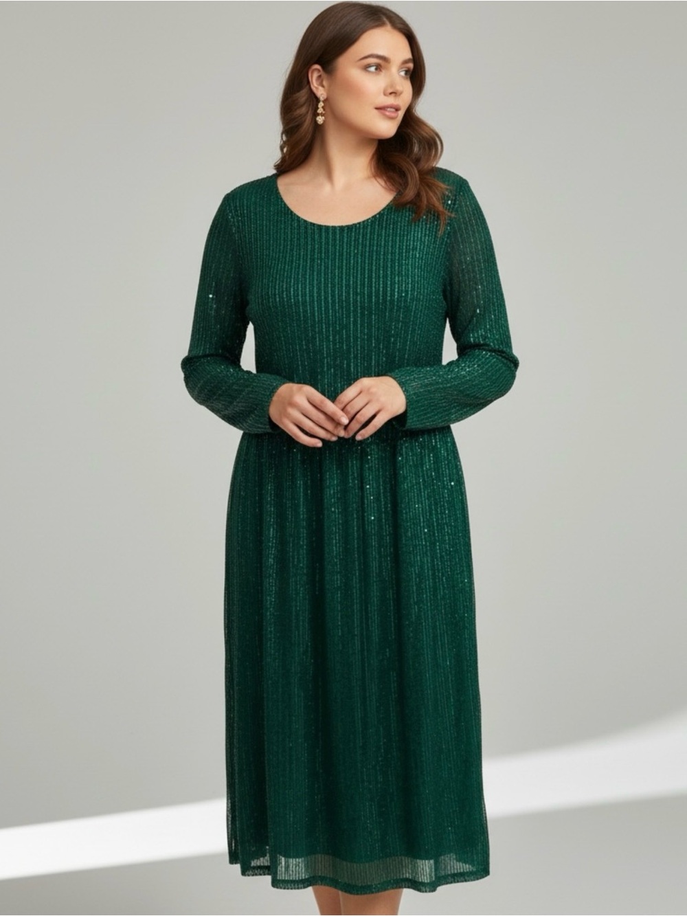Long Sleeve Emerald Green Midi Dress- Bloomchic size Large